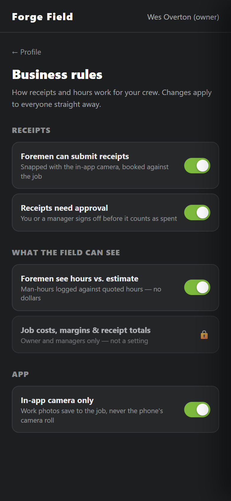 Business rules screen with permission switches and a padlock on job costs and margins