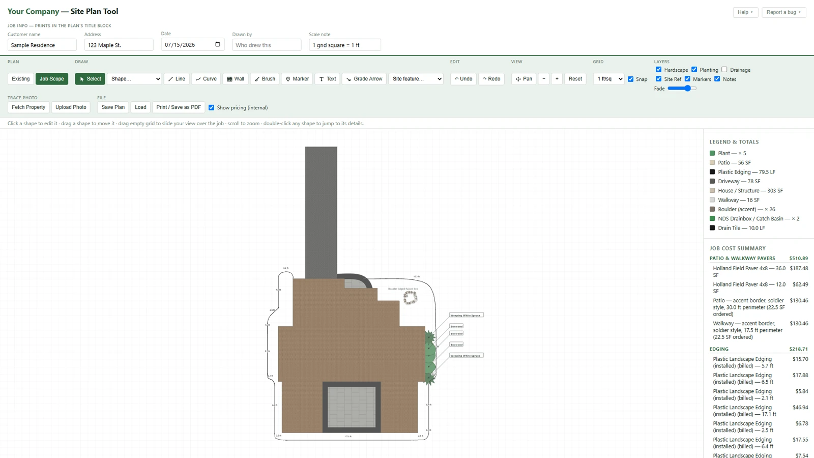 Site-plan software showing a full landscape plan with live material, labor, and haul-out costs